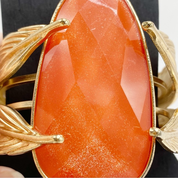Vintage Gold Leaf Clamper Cuff Bracelet Orange Sparkle Stone - Picture 4 of 7